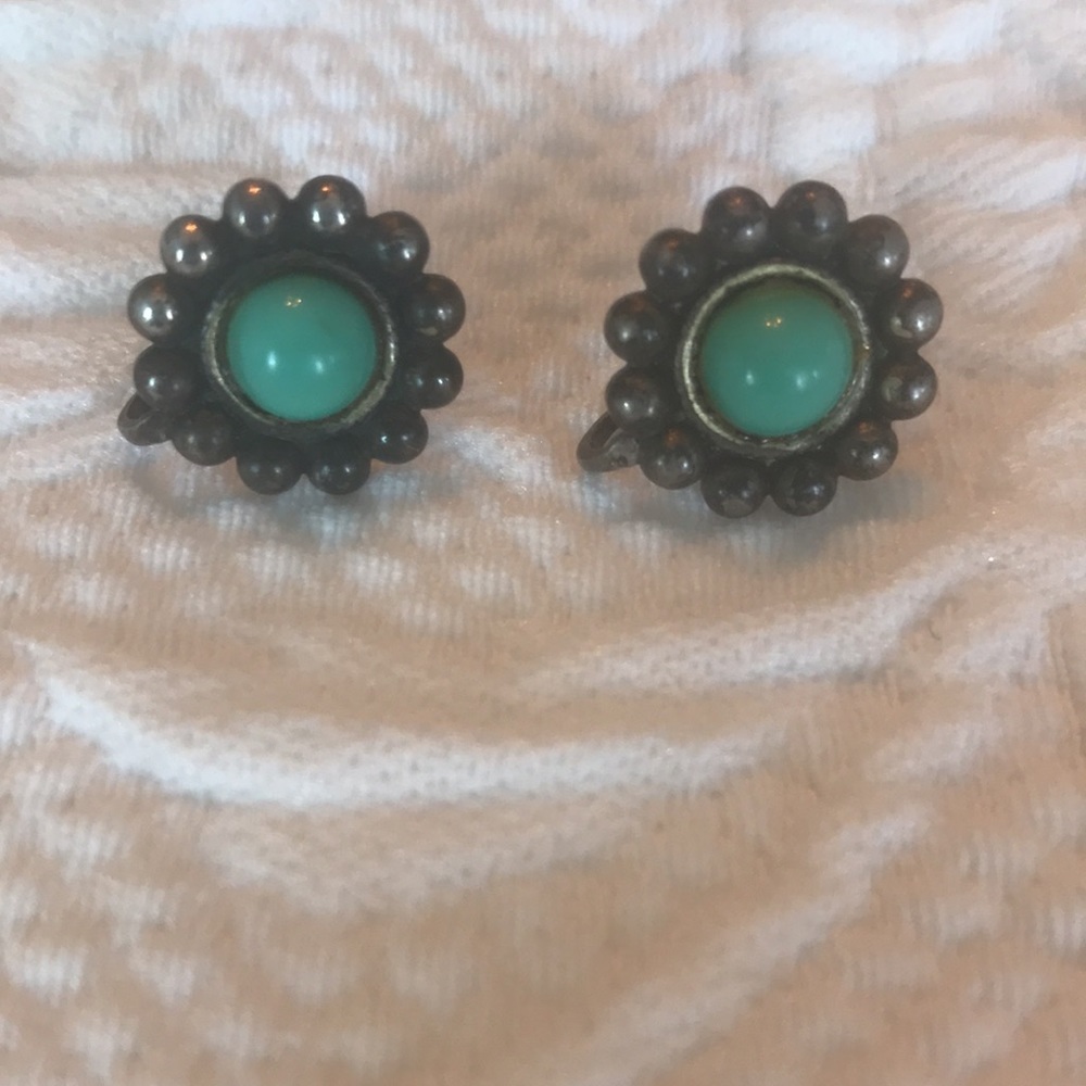 Antique silver turquoise earrings screwback